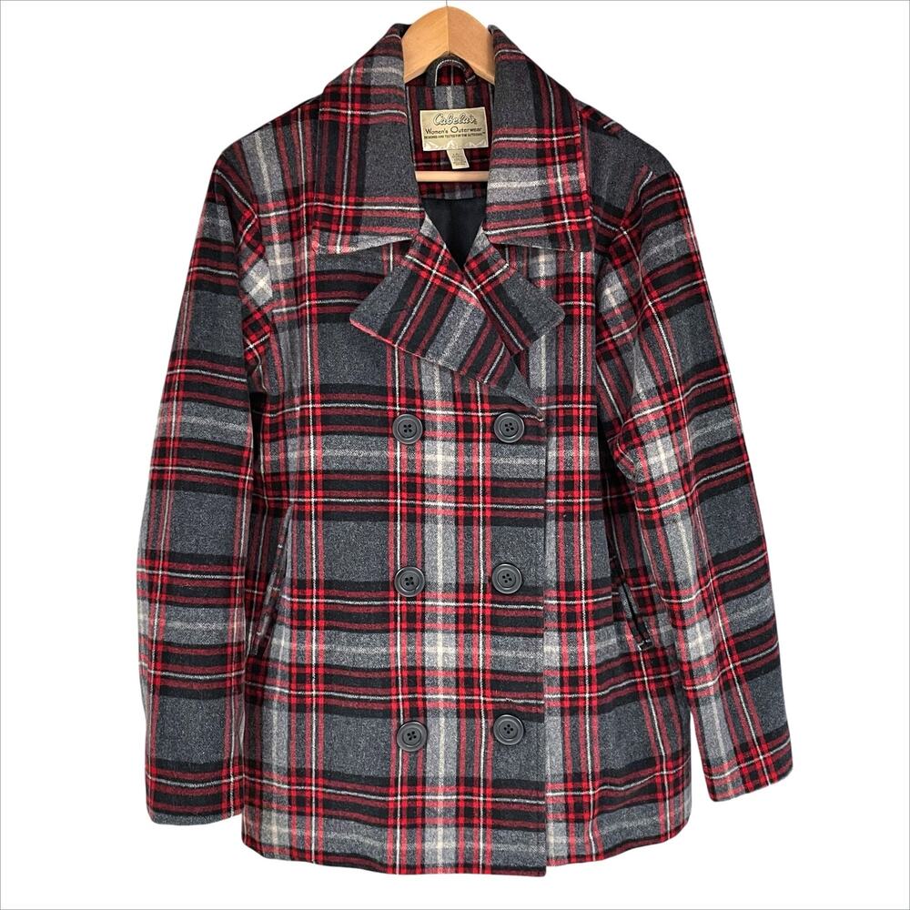 CABELA'S Wool-Cashmere Blend Double-Breasted Plaid Peacoat Gray Red Size L